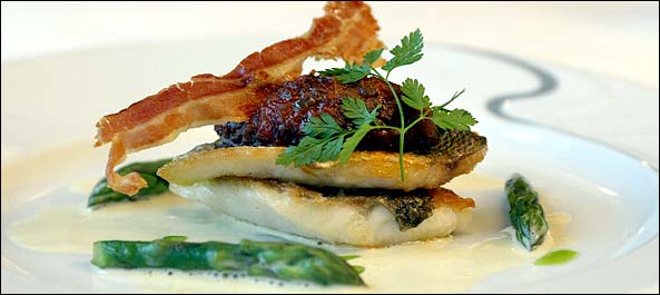 Cromleach Lodge's pan-fried sea bass with quenelle of tomato and pancetta.